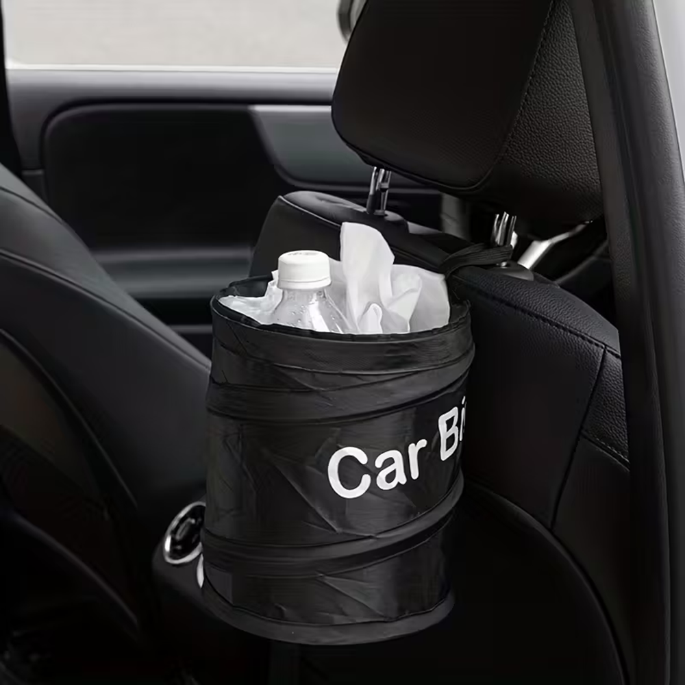 Waterproof Car Trash Can With Lid - ถังขยะในรถยนต์แบบพับได้ขนาดเล็ก สีดำ กันน้ำ พร้อมแถบตีนตุ๊กแก สำหรับจัดระเบียบภายในรถ
